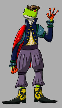 Frog man commission A red eyed green tree frog standing upright with slightly different proportions, the frog has a red half cape over the right shoulder, the clothing is dark blues and purple in the style of Italian renaissance