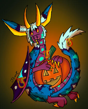 A blue fluffy dragon holding a jack o lantern. The background is a centered gradient from orange in the middle to dark green